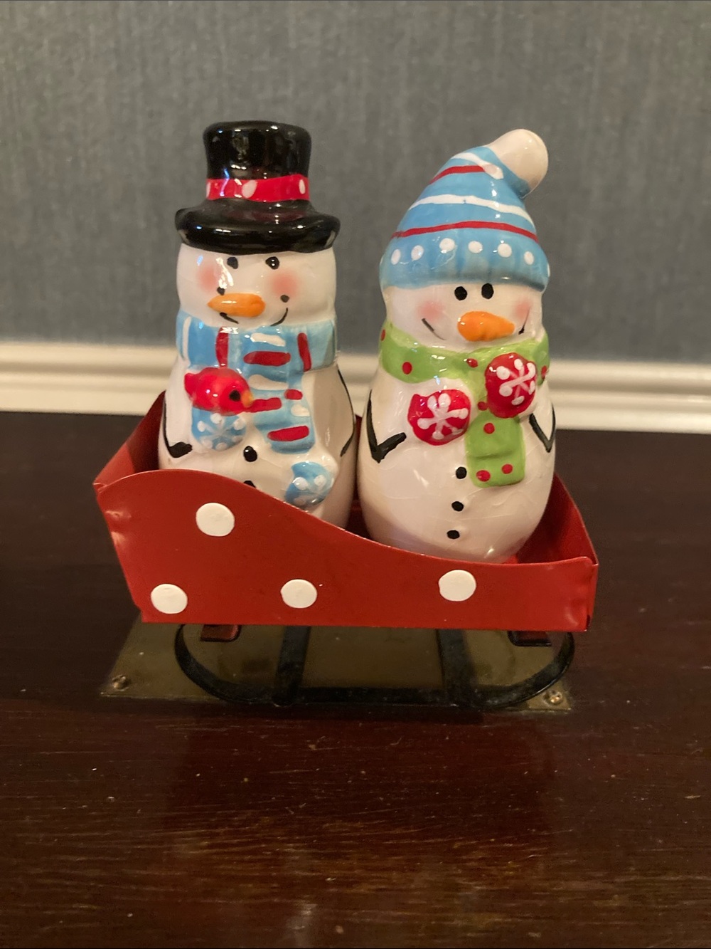 Pier 1 Holiday Snowman Salt and Pepper Shakers in Red Sleigh